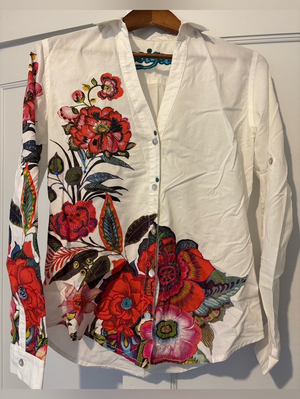 Desigual White Floral Embellished Blouse with Roll Up Sleeves size Large
